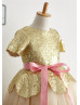 Gold Sequin Champagne Tulle Short Sleeves Tea Length Flower Girl Dress 